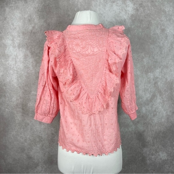 BYTIMO Broderie Ruffle Trim Eyelet Lace Anglaise Shirt In Pink Women's Size S - Picture 11 of 11